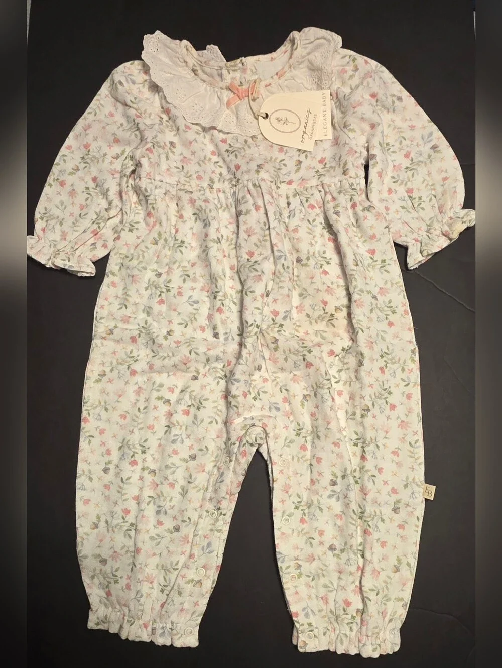 Delicate Floral Ruffle Collar Baby Romper - White with Pink & Green